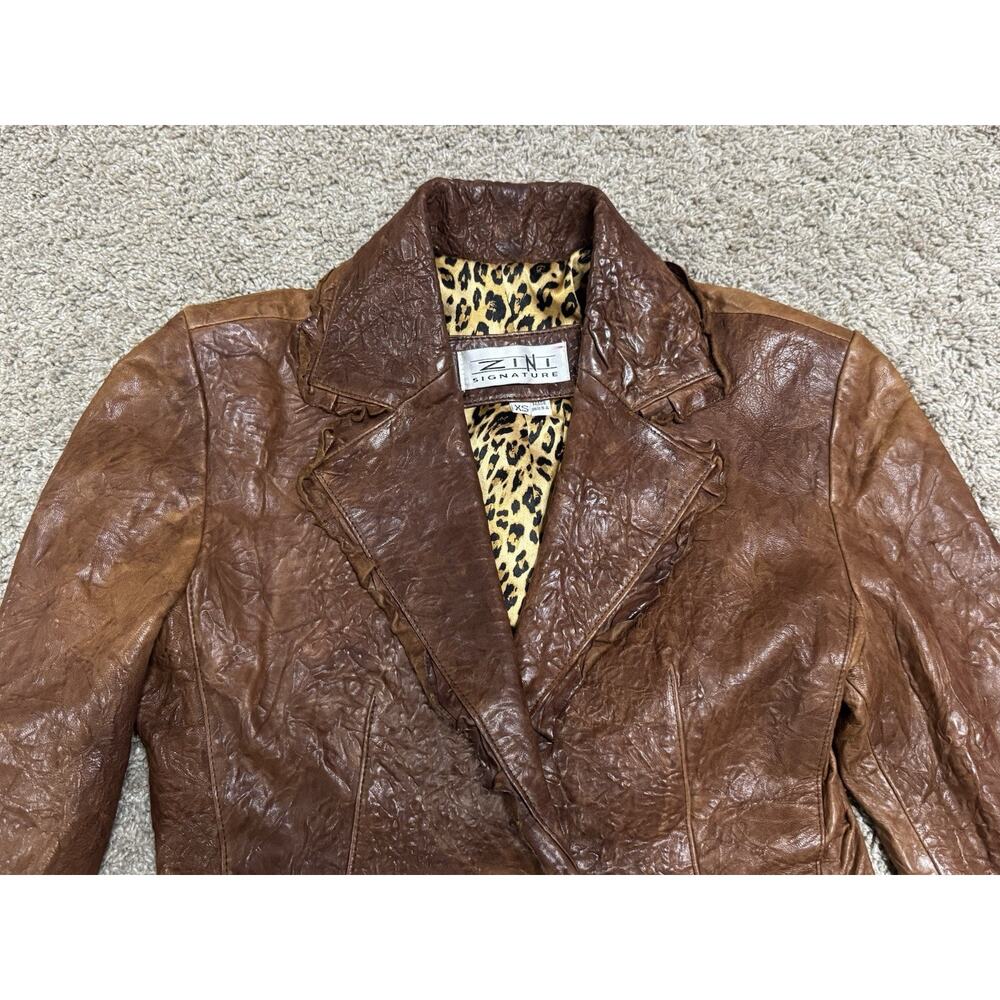 Vintage ZINI Brown Leather Blazer Jacket Leopard Lined Fleur De Lis Studded XS - Picture 3 of 11